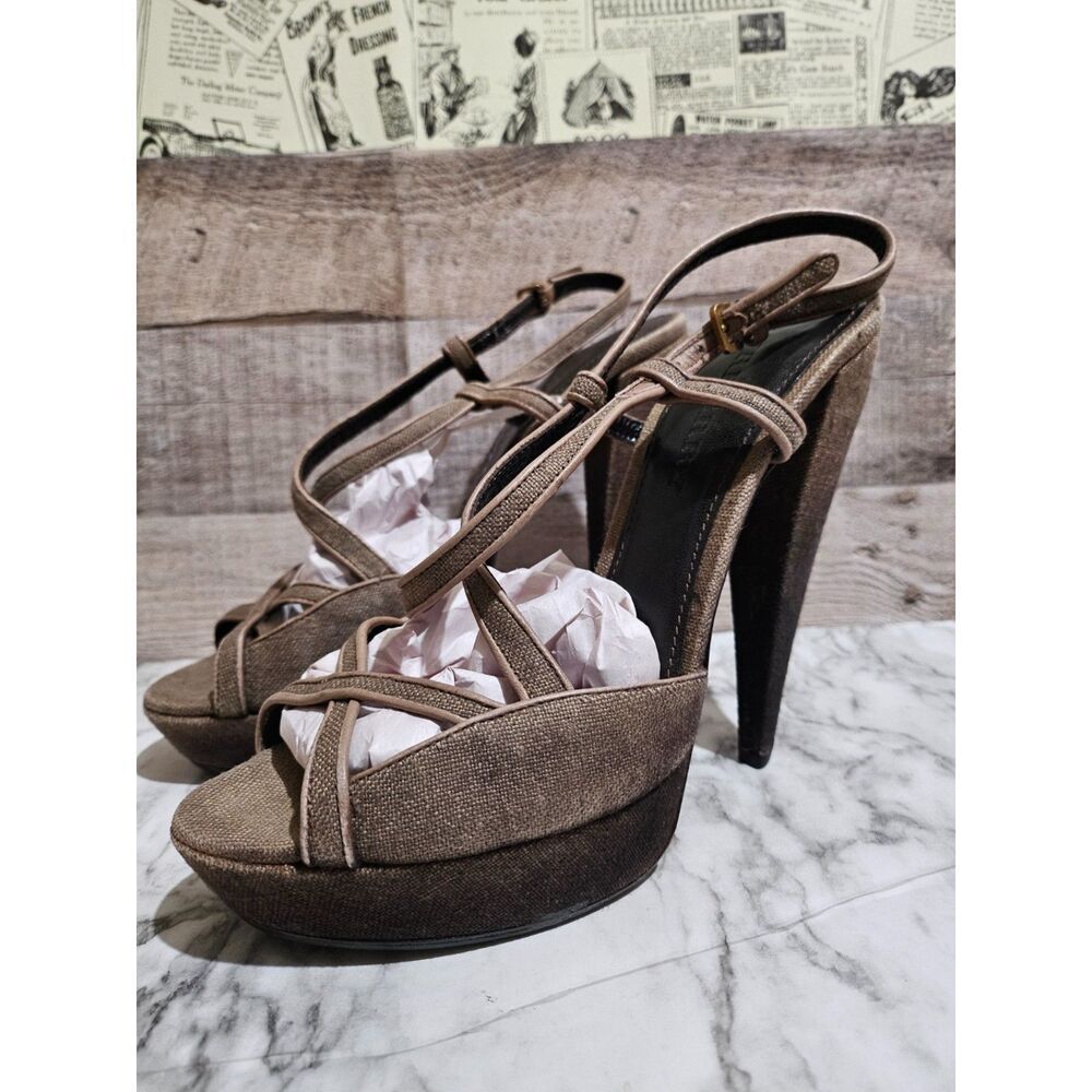 Burberry Wood Linen Leather Platform Heels 9 EU 40 - Picture 2 of 6
